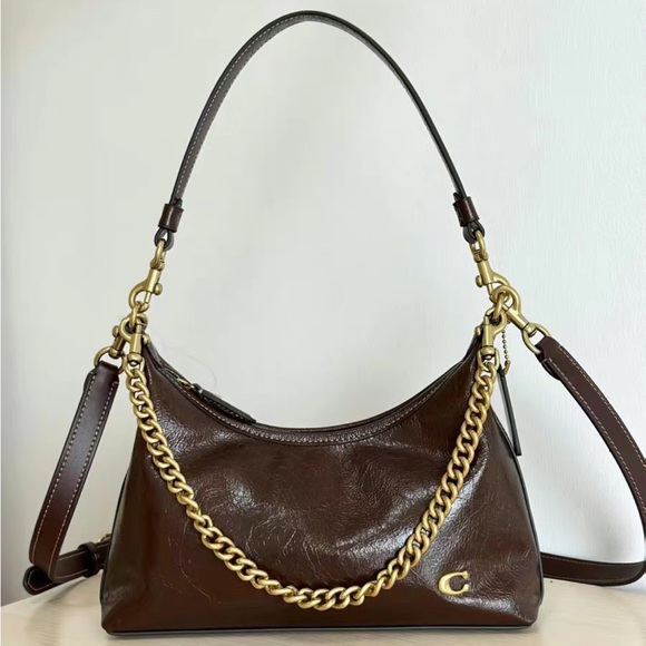 Coach Dark Brown Leather Shoulder Bag with Gold Chain - Picture 1 of 7